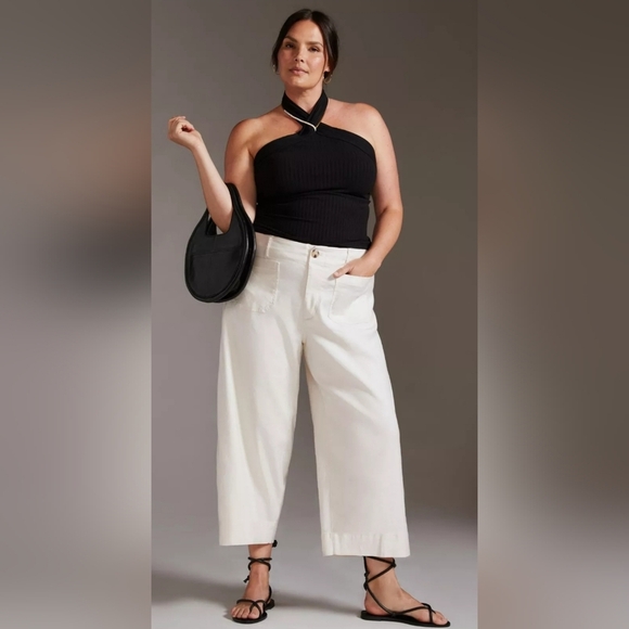 New Relaxed Fit White 22W Gaucho Wide Leg Cropped Denim Stretch Ankle Pants - Picture 1 of 8
